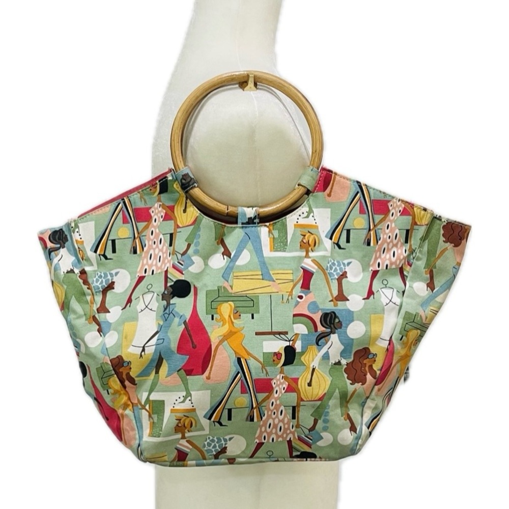 Neiman Marcus Mod Print Handbag with Bamboo Handles - Picture 1 of 10